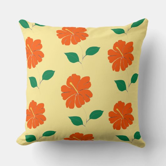 黄色独身の背景に赤オレンジ色のハイビスカス クッション (正面)