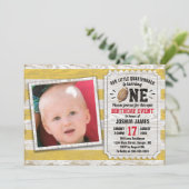 黄色素朴の第1誕生日スポーツサッカー写真 招待状 (スタンド正面)