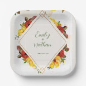 黄色素朴赤かわいらし水色フローラ結婚の ペーパープレート (正面)