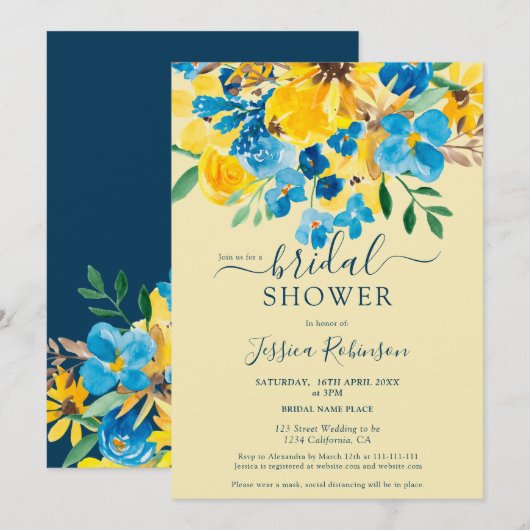 黄色素朴青フローラ水色ブライダルシャワー 招待状 (正面/裏面)