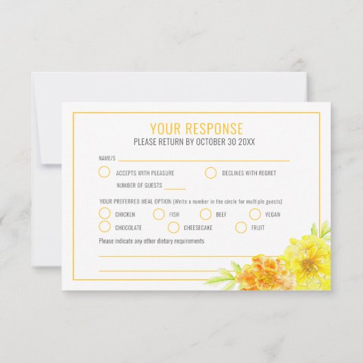 黄色結婚のマリゴールドの花の手の水色 出欠カード (裏面)