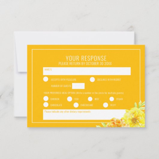 黄色結婚のマリゴールドの花の手の水色 出欠カード (裏面)