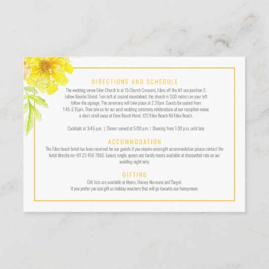 黄色結婚のマリゴールド水は詳細に色を付ける エンクロージャーカード (裏面)