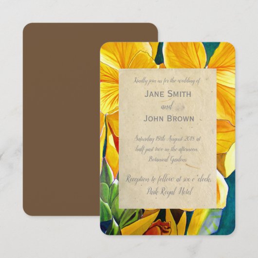 黄色結婚の花の水彩素朴な 招待状 (正面/裏面)
