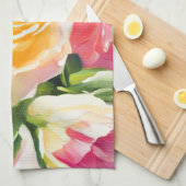 黄色絵を描とピンクのバラ キッチンタオル (四つ折り)