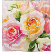 黄色絵を描とピンクのバラ シャワーカーテン (正面)