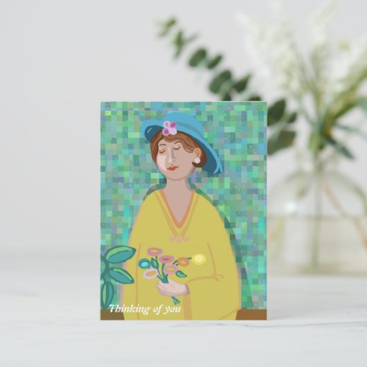 黄色考えいモダンドレスを着た君の芸術婦人の ポストカード (スタンド正面)