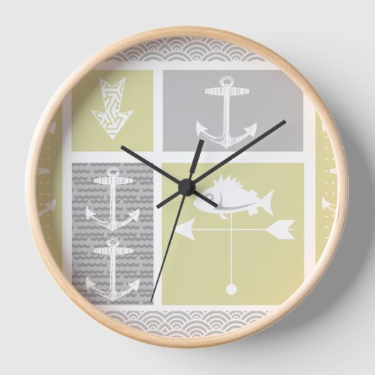 黄色航海のと灰色のいかり魚の天気表 壁時計 (正面)