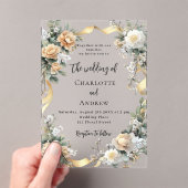 黄色花模様の金ゴールド澄んリボ結婚ン アクリル招待状 (インサイチュ (ポータブル))