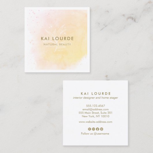 黄色芸術的の水彩植物葉の数 スクエア名刺 (正面/裏面)