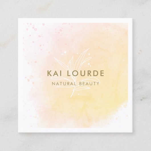 黄色芸術的の水彩植物葉の数 スクエア名刺 (正面)