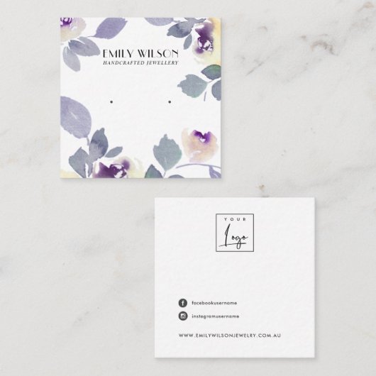 黄色薄紫バラフローラスタッドイヤリングディスプレイ スクエア名刺 (正面/裏面)