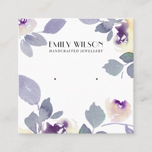 黄色薄紫バラフローラスタッドイヤリングディスプレイ スクエア名刺 (正面)