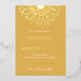 黄色金ゴールドひまわりモダンフローラ結婚ズ 箔招待状
