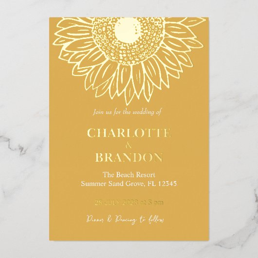 黄色金ゴールドひまわり結婚の 箔招待状 (正面)