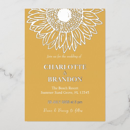 黄色金ゴールドひまわり結婚の 箔招待状 (正面)