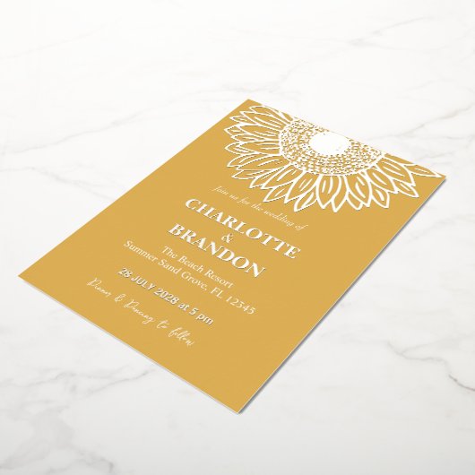 黄色金ゴールドひまわり結婚の 箔招待状 (回転した状態)