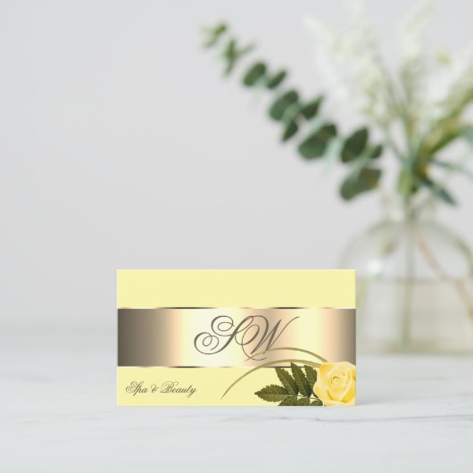 黄色金ゴールドデコールかわいいバラ花とモノグラム 名刺 (スタンド正面)