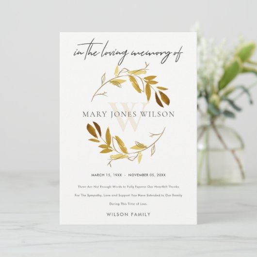 黄色金ゴールド紅葉リース悔やみや弔慰記念物 サンキューカード (スタンド正面)