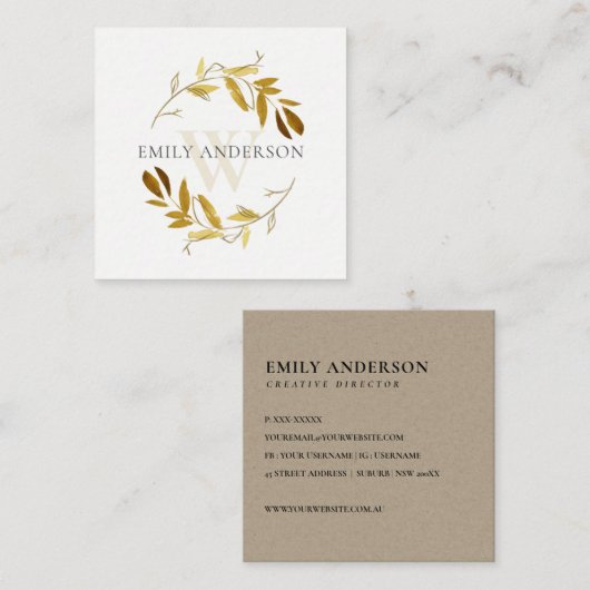 黄色金ゴールド茎葉水色リースプロフェッショナル スクエア名刺 (正面/裏面)