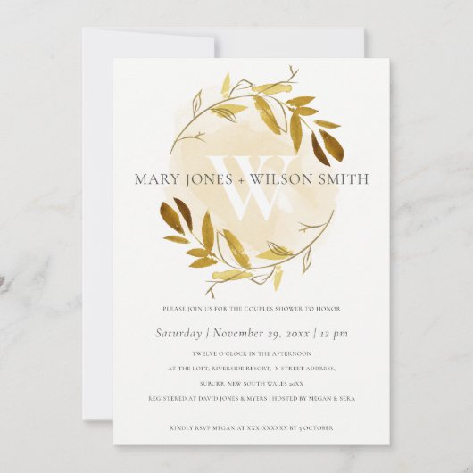 黄色金ゴールド葉リース対シャワーカード サンキューカード (正面)