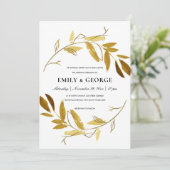 黄色金ゴールド葉水色洗結婚浄リース 招待状 (スタンド正面)
