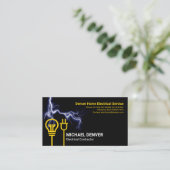 黄色電球の電源プラグ（青）の稲妻電気技師 名刺 (スタンド正面)