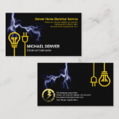 黄色電球の電源プラグ（青）の稲妻電気技師 名刺 (正面/裏面)