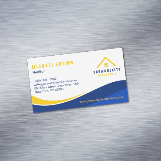 黄色青色クラシック屋根と窓ロゴのレンタルホーム マグネット名刺 (インサイチュ)