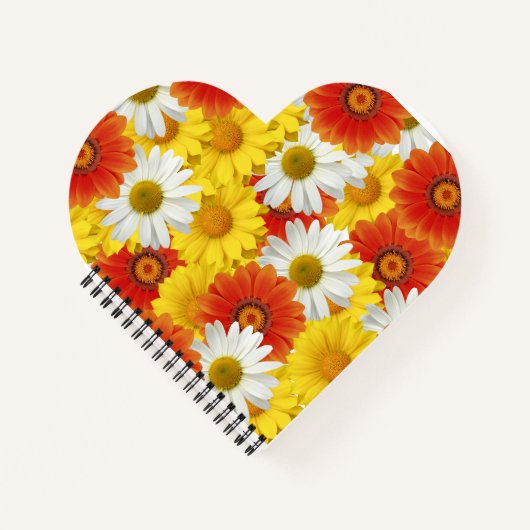 黄色鮮やかとオレンジのデイジーパターン ノートブック (正面)