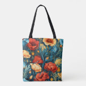 黄色鮮やかと赤の花の植物性プリント トートバッグ (裏面)