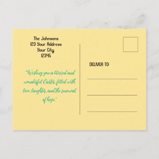 黄色鮮やかの背景ポストカードのハッピーイースター ポストカード (裏面)