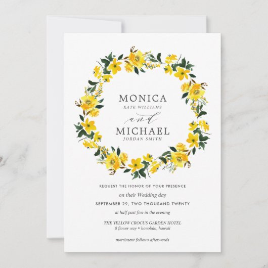 黄色鮮やかの花のリース結婚の 招待状 (正面)