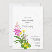 黄色鮮やかピンクのワイルドフラワースクリプト赤ちゃんシャワー 招待状 (正面)