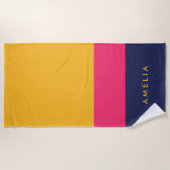 黄色鮮やかピンク青のカラーブロック ビーチタオル (正面)