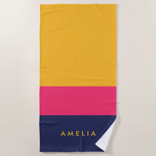 黄色鮮やかピンク青のカラーブロック ビーチタオル (正面)