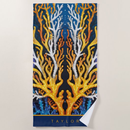 黄色鮮やか海コーラルパーソナライズされた ビーチタオル (正面)