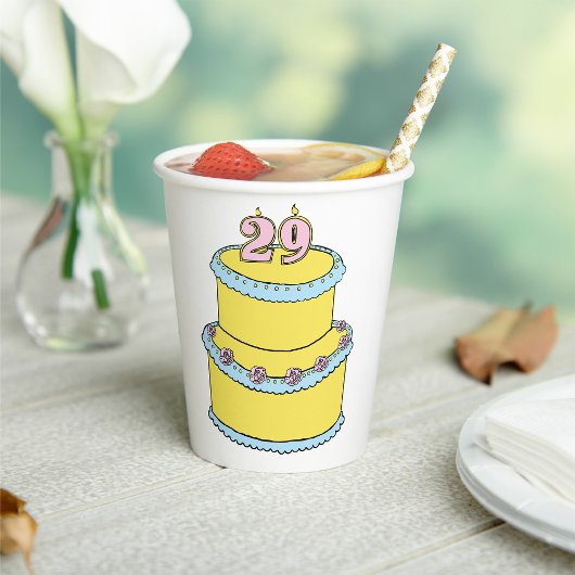 黄色29お誕生日ケーキとピンクローズ 紙コップ