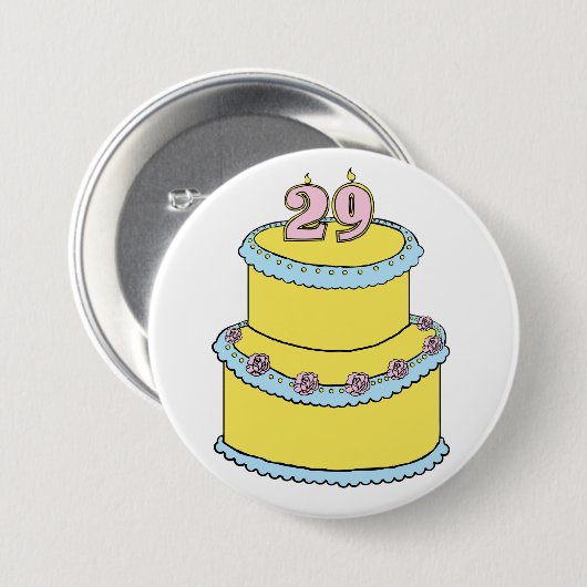 黄色29お誕生日ケーキとピンクローズ 缶バッジ (正面&裏面)