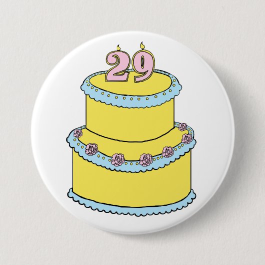 黄色29お誕生日ケーキとピンクローズ 缶バッジ (正面)