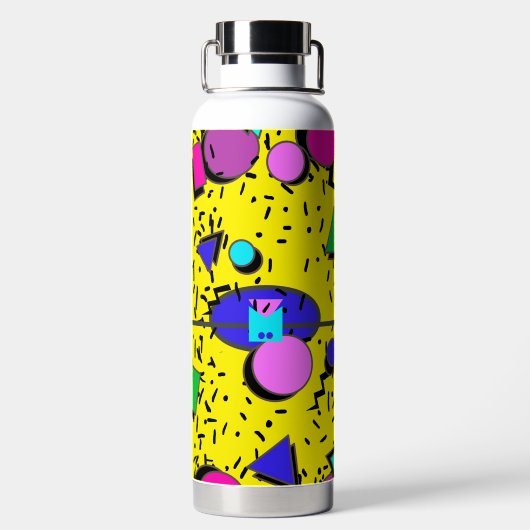 黄色80sメンフィス抽象芸術スタイルレトロモノグラム ウォーターボトル (背面)