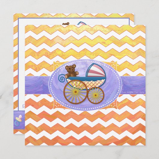 黄色、オレンジ色のシェブロン赤ちゃんシャワースクエア 招待状 (正面/裏面)