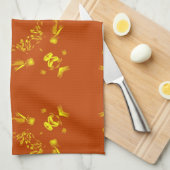 黄色、オレンジ色のフローラマスクレトロパターン キッチンタオル (四つ折り)