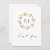 黄色、オレンジ、ピンクの水カラーフローラリース サンキューカード (正面/裏面)