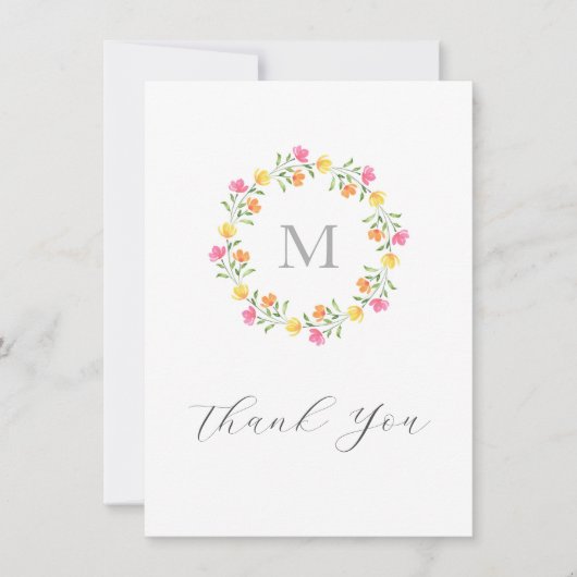 黄色、オレンジ、ピンクの水カラーフローラリース サンキューカード (正面)