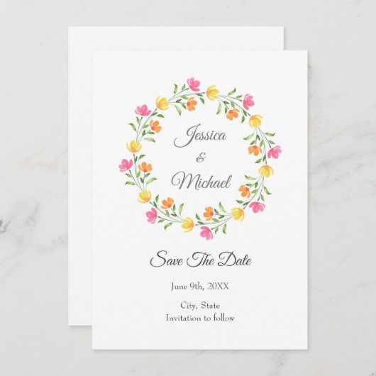 黄色、オレンジ、ピンクの水カラーフローラリース セーブザデート (正面/裏面)