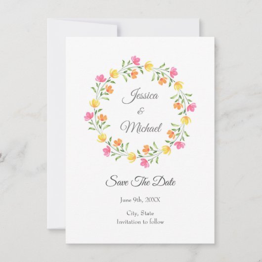 黄色、オレンジ、ピンクの水カラーフローラリース セーブザデート (正面)