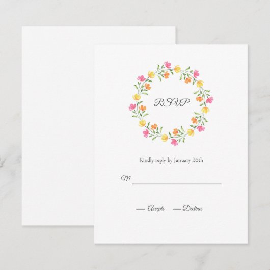 黄色、オレンジ、ピンクの水カラーフローラリース 出欠カード (正面/裏面)