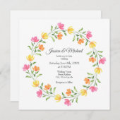 黄色、オレンジ、ピンクの水カラーフローラリース 招待状 (正面/裏面)