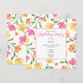 黄色 オレンジ ピンクの水彩花茎パターン 招待状 (正面/裏面)